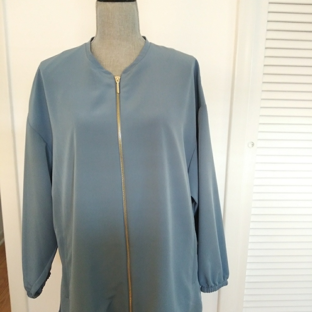 Halston Womens Oversized Dusk Blue Full Zipper Bomber Jacket NWT Med